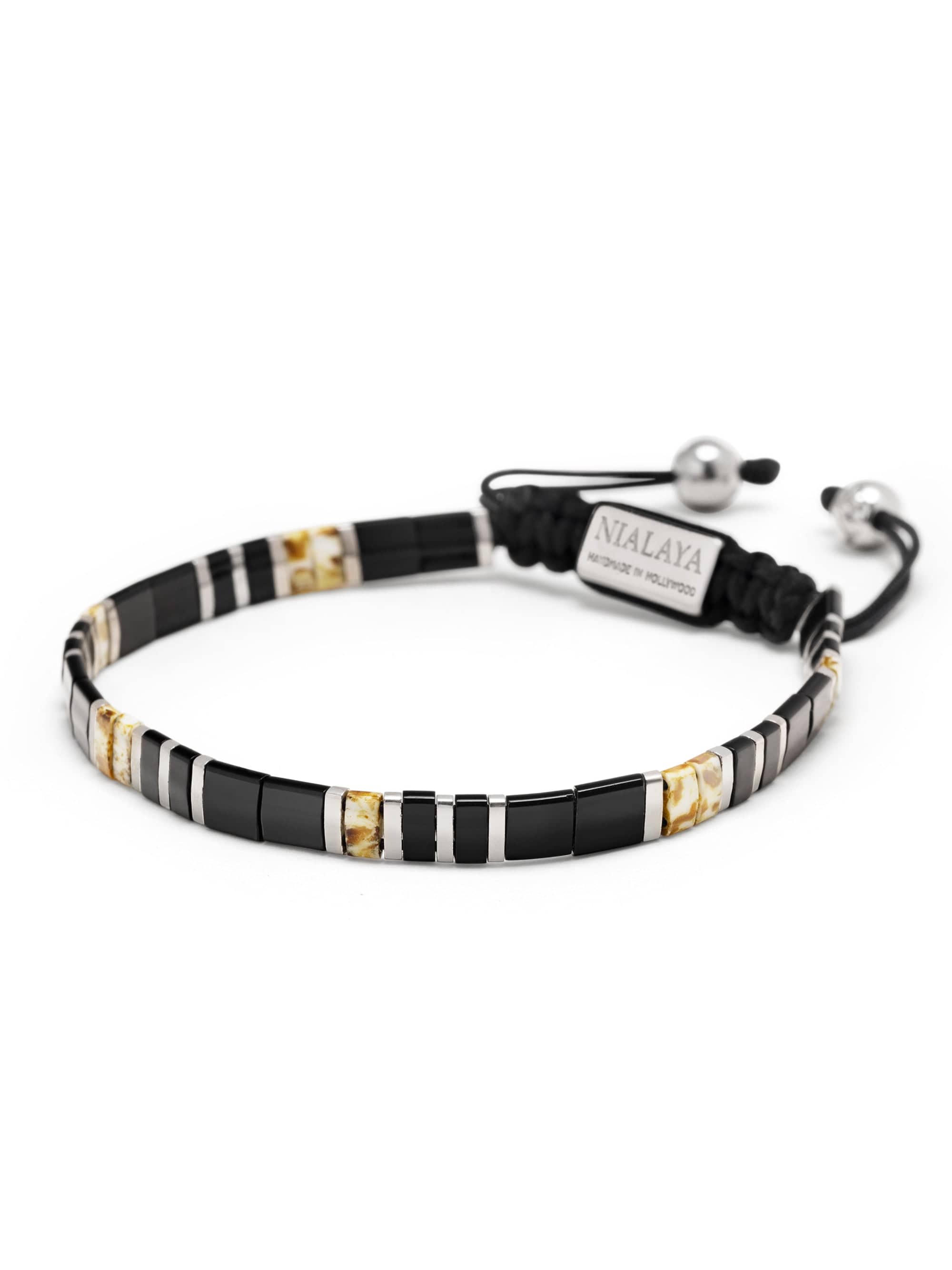 Women's Bracelet with Black, White Marbled and Silver Miyuki Tila Beads 2